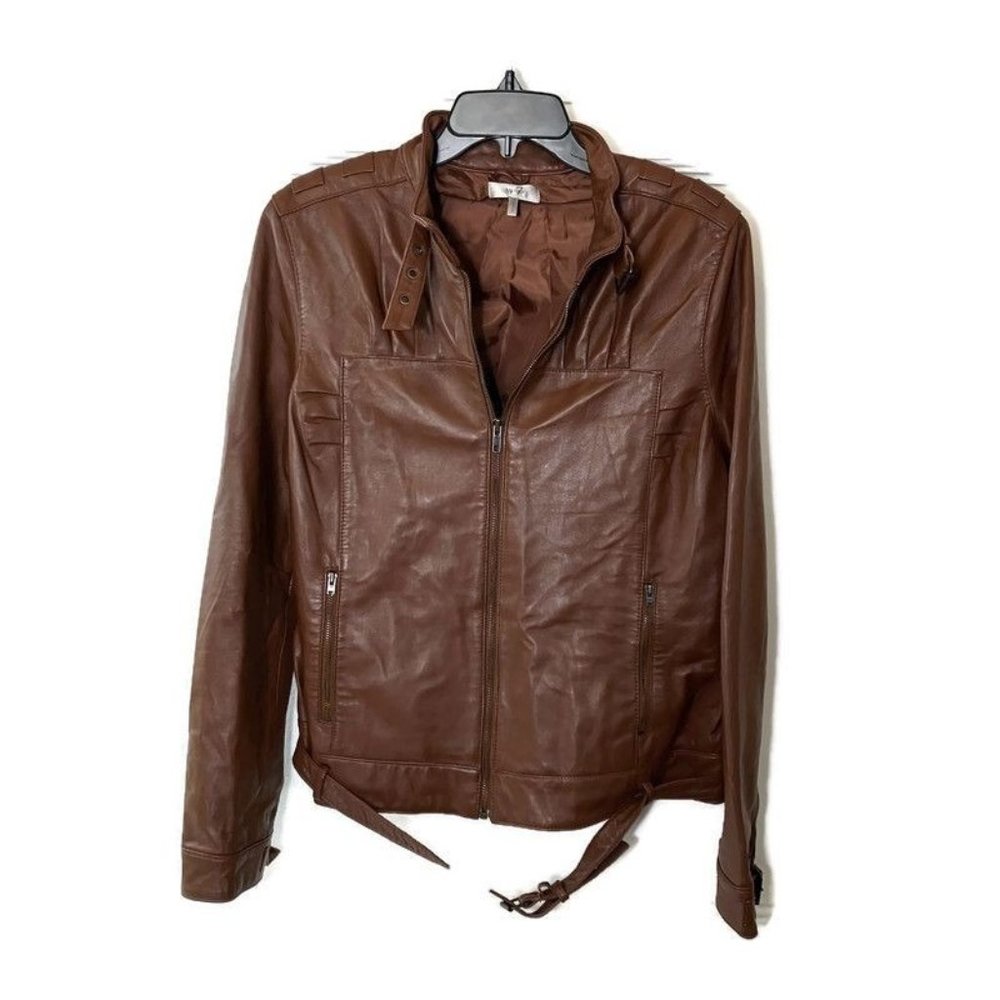 Metro 7 Womens Leather Belted Pockets Moto Bomber Jacket  Size 16 Brown NEW